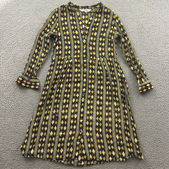 Label Ritu Kumar Shirt Dress  Snaps Button Front Tunic Aztec Purple Mustard - Picture 12 of 16